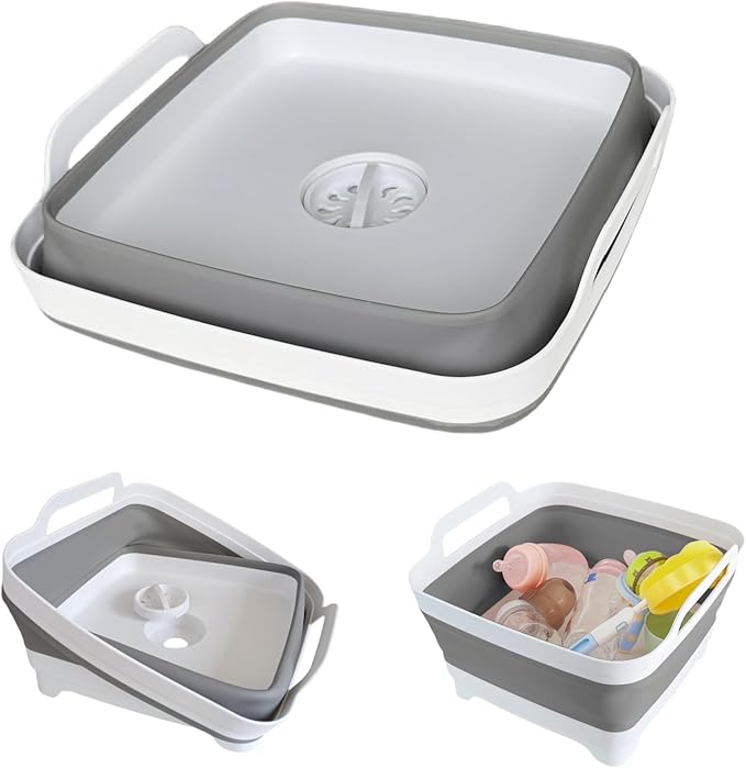 Collapsible Wash Basin for Baby Bottles - 2.4 Gallons Portable Wash Bin for RV Camping Sink, Space-Saving Dish Tub (Gray)