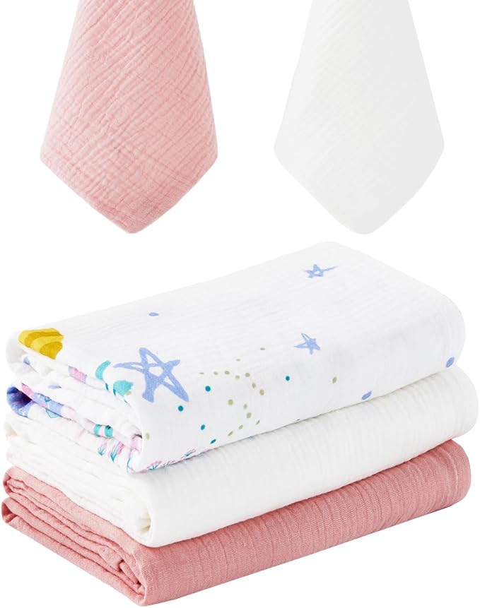 5 Pack Muslin Swaddle Blanket & Baby Burp Cloths, Soft & Breathable Receiving by RILIHO