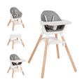 High Chair, 6 in 1 Wooden Convertible High Chairs for Babies and Toddlers, Booster Seat with Double Tray & Reversible Footrest Baby Highchair, 5-Point Harness Baby Feeding Chair, Grey