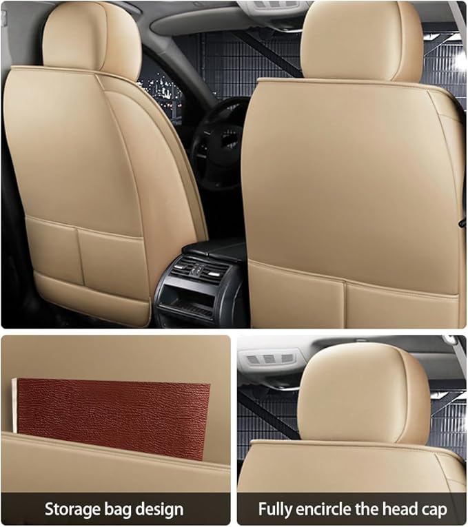 Leather Car Seat Covers for Volkswagen Atlas 2019-2023 Waterproof,Breathable and Non-Slip Napa Leather Car Interior Seat Covers,Comfortable and Durable,Easy to Install(5PCS Comfort,Beige)
