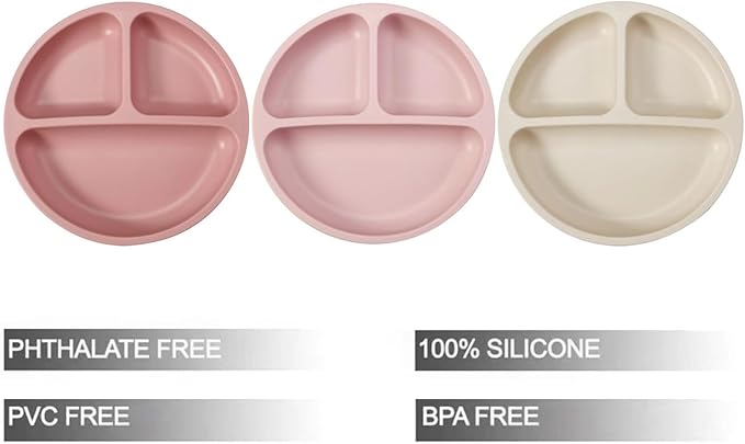 PandaEar 3 Pack Toddler Plates, Silicone Divided Suction Plate for Babies, BPA-Free 100% Food-Grade Silicone Unbreakable Baby Plate (Pink/Linen/Light Pink)