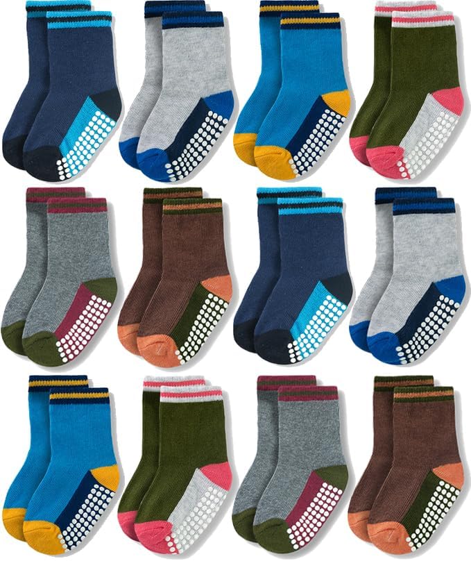 Baby Toddlers Crew Socks with Non-Slip Grip 12 Pack Cotton Stretch Socks | Soft by JAKIDAR
