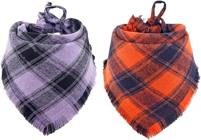Halloween Dog Bandana Fall Autumn Plaid Reversible Triangle Bibs Scarf by KZHAREEN
