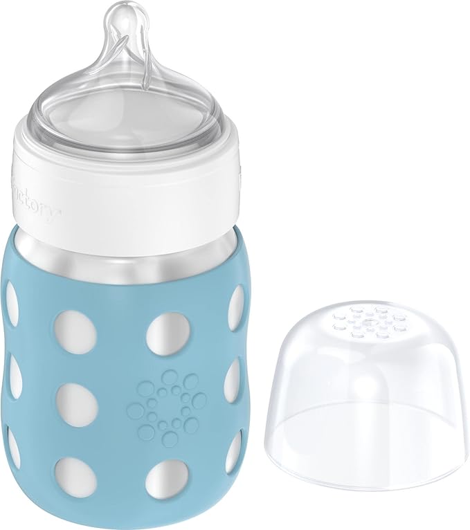 Lifefactory 8-Ounce Stainless-Steel Vacuum-Insulated Wide-Neck Baby Bottle with Stage 2 Nipple (3-6 Months) Denim, LS2211WDE4