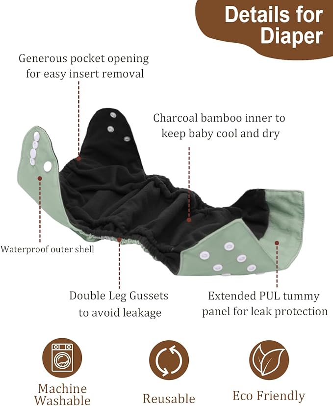 babygoal Reusable Charcoal Cloth Diapers with Double Gussets, 6 Pack Washable Baby Pocket Diapers with 6pcs Charcoal Inserts and Wet Dry Bag(Solid Color)