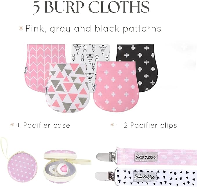 Dodo Babies 5-Pack Baby Burp Cloths - Soft & Absorbent Cotton Burp Cloths are Newborn Essentials Must Haves - Includes Pacifier Case and 2 Pacifier Clips - Colors: Pink, Grey, and Black