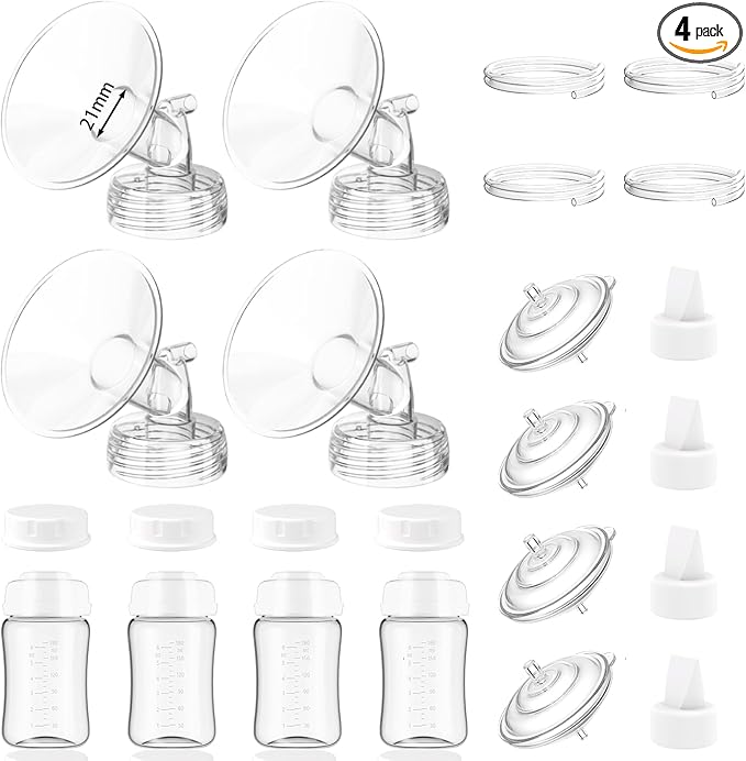 4packs 21mm Full Breast Replacement Pump Parts for Spectra S1 S2 9 Plus Synergy Gold Include 13mm Flange,Valve,Backflow Protector,Tube,Bottle,Caps, Fit for Motif Luna Cimilre Ameda MYA Pump