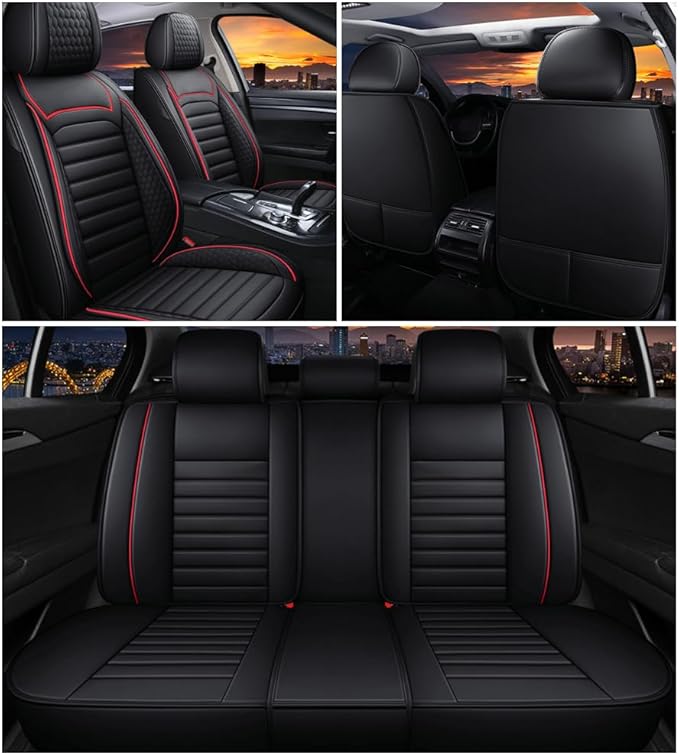 Leather Car Seat Covers for Toyota Corolla 2006-2024,Car Seat Covers Full Set,Seat Covers with Safety,Waterproof Seat Cover Compatible Airbag(5pcs Black&Red Standard)