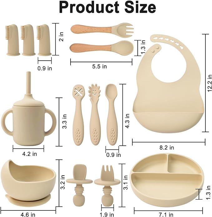 LITTLE RAWR Silicone Baby Feeding Set 14 Pcs,Baby Led Weaning Supplies, Baby Spoons Suction Bowl Divided Plate Bib Cup Finger Brush,First Stage Solid Food Eating Utensils - 6+ Months(Beige)