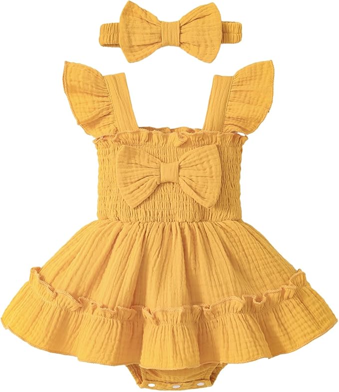 Baby Girl Smocked Romper Dress Ruffle Bow Summer Outfit by Megeoly