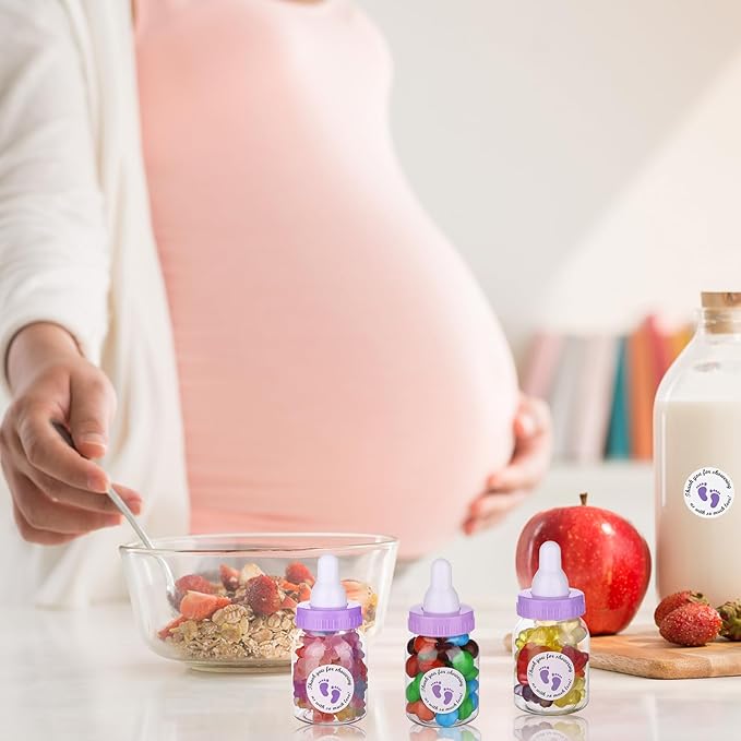 62 Pcs 3.5 Inch Baby Mini Milk Bottle Baby Shower Favor with 500 Adhesive Thank You for Showering Stickers, Small Plastic Candy Bottle DIY Gift for Boy Girl Newborn Baptism Party Decor (Purple)