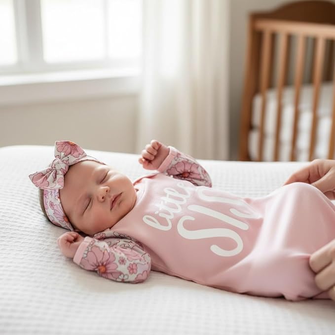 AMAWMW Newborn Baby Girl Little Sister Sleeper Gown Stripe Long Sleeve - Image 3
