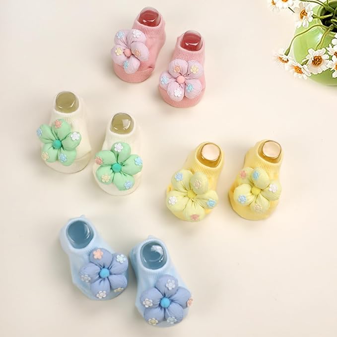 4Packs Baby Girls Socks, Flower Non-Slip Grips - Image 5