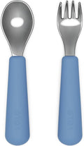 Lalo Utensils - Toddler Fork and Spoon Set - Stainless Steel and Silicone Ergonomic Toddler Utensils - Children Safe Flatware Set - 2 Pieces - Blueberry