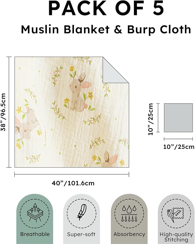 5 Pack Muslin Swaddle Blankets & Baby Burp Cloths, Soft & Breathable Cotton - Image 3