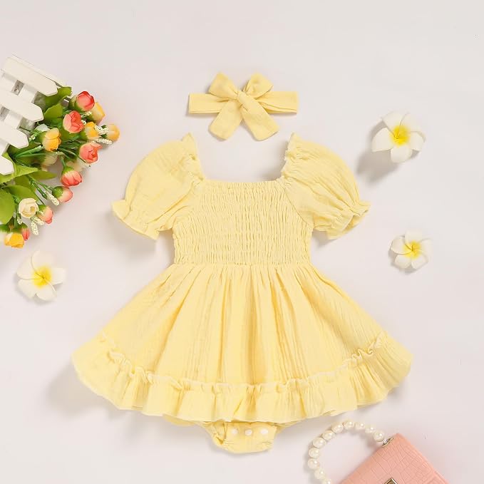 GRNSHTS Baby Girl Romper Dress, Puff Sleeve Smocked Outfit - Image 2