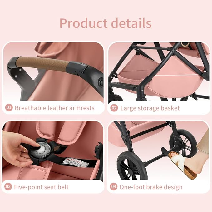 2 in 1 Baby Stroller, High Landscape Infant Stroller Pram Foldable Pushchair with Adjustable Canopy, Storage Basket,5-Point Harness,Mom Bags (Pink)