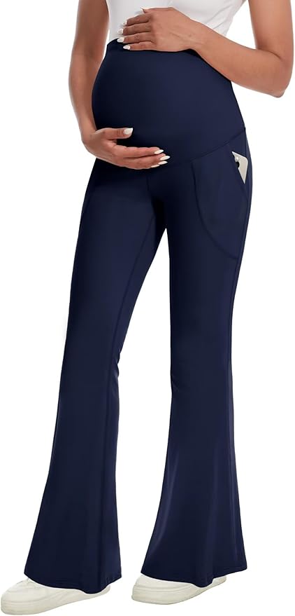 Fotociti Maternity Flare Leggings with Pockets, Women’s Soft Pregnancy Pants Over The Belly For Yoga Workout Active
