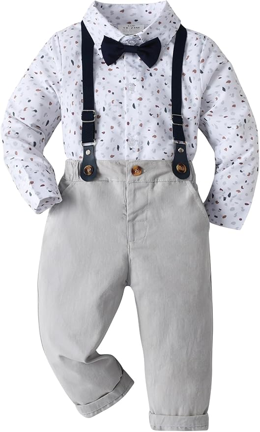 Boarnseorl Baby Boys Pants Sets,Toddler Gentleman Outfits, Infant Long Sleeve Shirt + Pants + Bow Tie + Suspenders