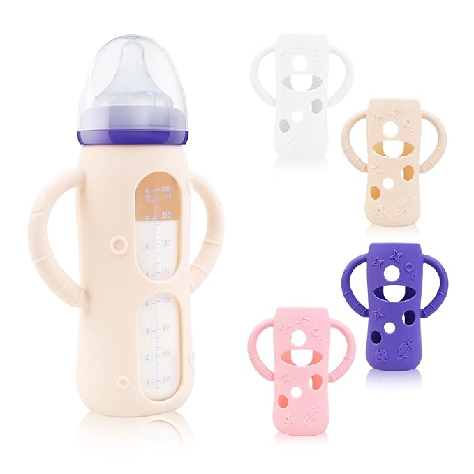 ZCH 4-Pack Silicone Sleeves for Lansinoh Glass Bottles, BPA-Free Drop-Resistant Baby Bottle Sleeves with Handles, Compatible with Lansinoh Anti-Colic Glass Baby Bottles (8 oz)