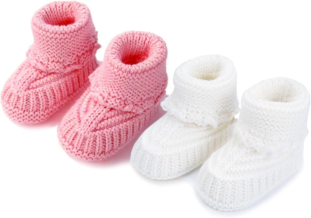 2 Pairs Baby Booties Newborn Baby Hand Crochet Knit Boots Infant Soft Cozy Warm by FABRST