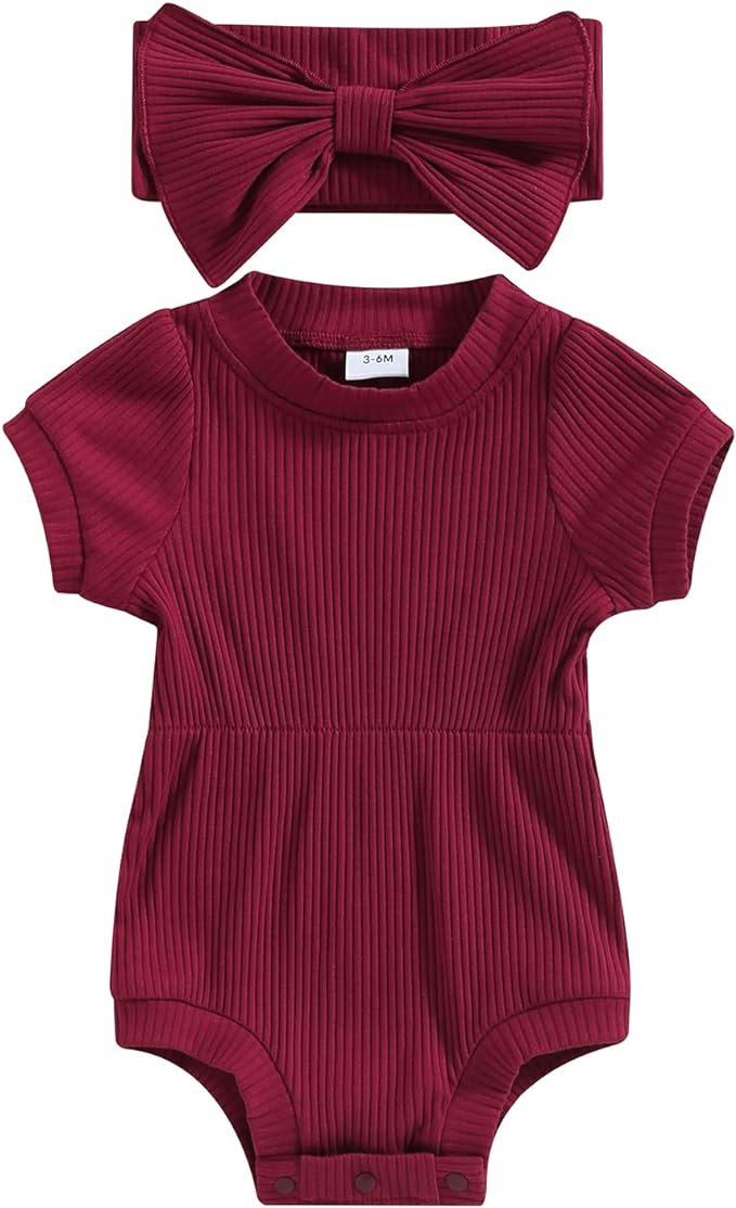 FOCUSNORM Baby Girl Summer Clothes Ribbed Short Sleeve Romper Solid Color by FOCUSNORM