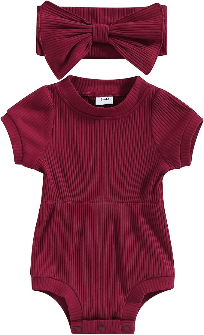 FOCUSNORM Baby Girl Summer Clothes Ribbed Short Sleeve Romper Solid Color by FOCUSNORM