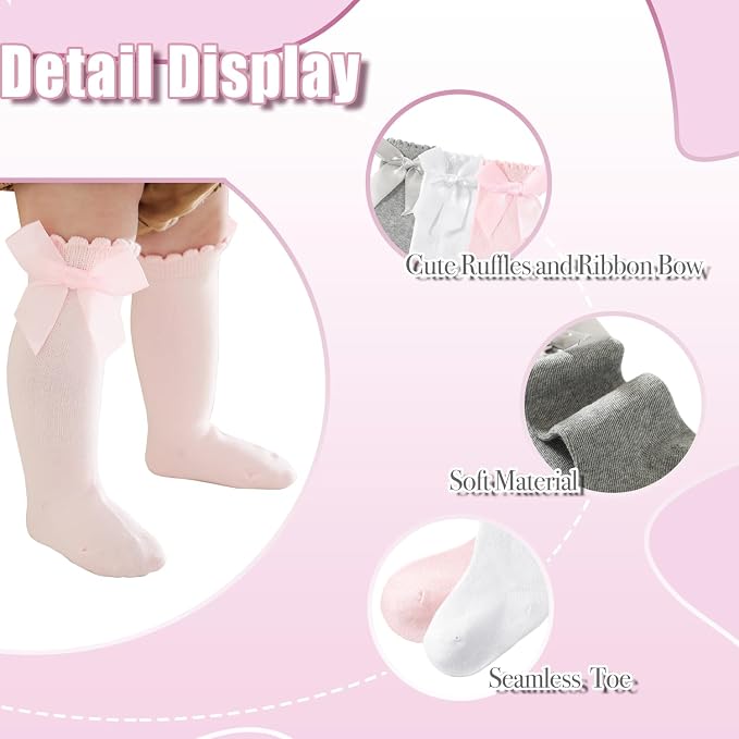 Baby Knee High Socks Newborn Ruffle Bow Socks Infant Long Sock Toddler Girls - Image 3