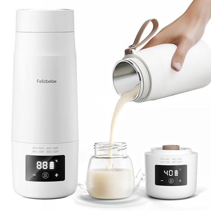 Portable Bottle Warmer for Travel, Detachable Baby Bottle Warmer Portable for Breastmilk Formula, Fast Heating & Long time Temp Keep, Rechargeable, Healthy for Baby on Journey, Car, Airplane
