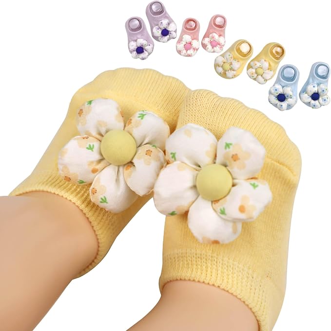 4Packs Baby Girls Socks, Flower Non-Slip Grips by KEAINVRN