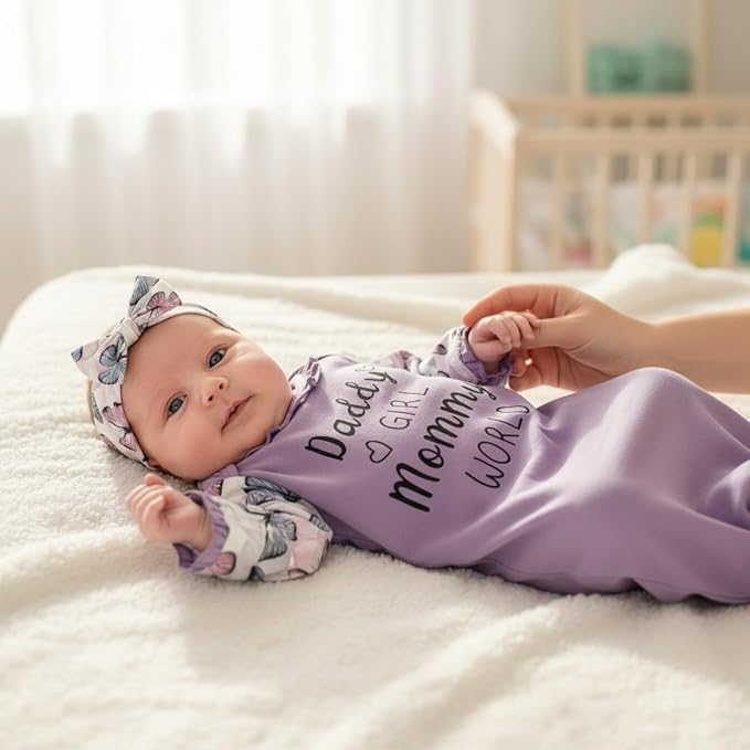 AMAWMW Newborn Baby Girl Little Sister Sleeper Gown Stripe Long Sleeve - Image 4