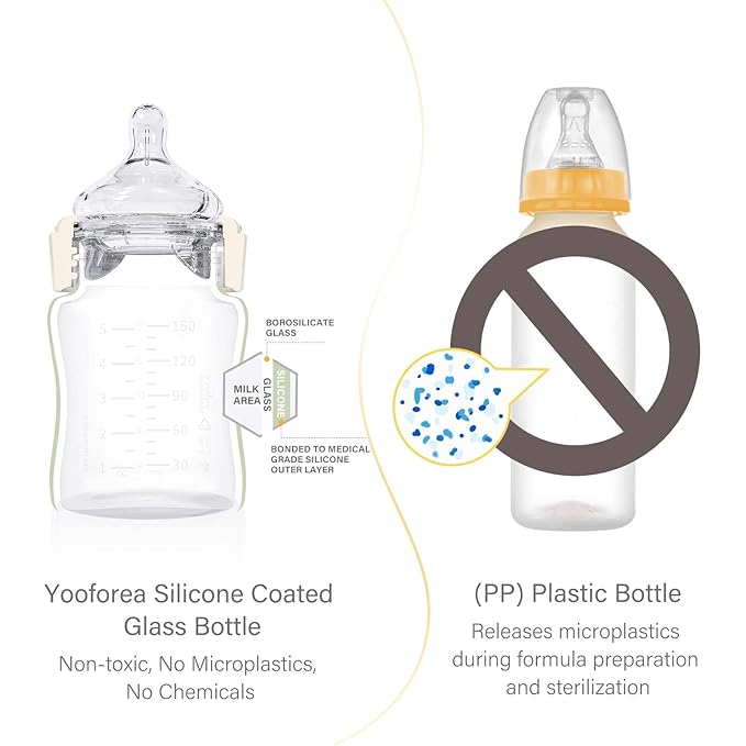 Yooforea Silicone Coated Glass Baby Bottle, 0M+ Slow Flow Nipple I Anti-Colic, Wide Neck, Stable Base I Medical-Grade Silicone Coating for Shatter Protection, BPA BPS PVC Free (3 Ounce-Cream)