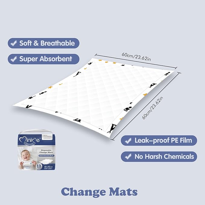 Minime Baby Disposable Changing Pads 23.6 x 23.6 in (15 Count), Super Soft, Ultra Absorbent Diaper Liners, Leak Proof Mats, Waterproof Incontinence Underpads