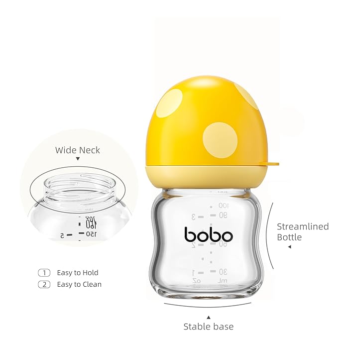 YOHKOH Natural Glass Baby Bottle with Natural Response Nipple, Newborn Anti-Colic Baby Bottles, Wide Neck Mushroom Cap Baby Bottle, Clear (Multicolour-A, 3.4oz (Pack of 4))