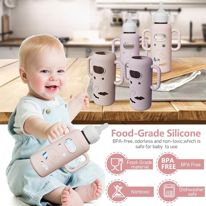 4 Pack Silicone Sleeves for Dr. Brown's Glass Bottles - Drop Protection Bottle Sleeves,Compatible with Dr. Brown's Newborn Glass Bottles,with Silicone Handles,8 oz