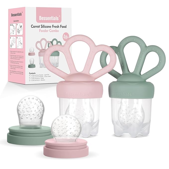 Bessentials Carrot Baby Fresh Fruit Food Feeder & 2 Pack Silicone Mesh Feeders | Safe Infant Self-Feeding|Includes 3 Sizes of Food Pouches |Suitable for Baby 4M+|BPA-Free (Pink & Grass Green)