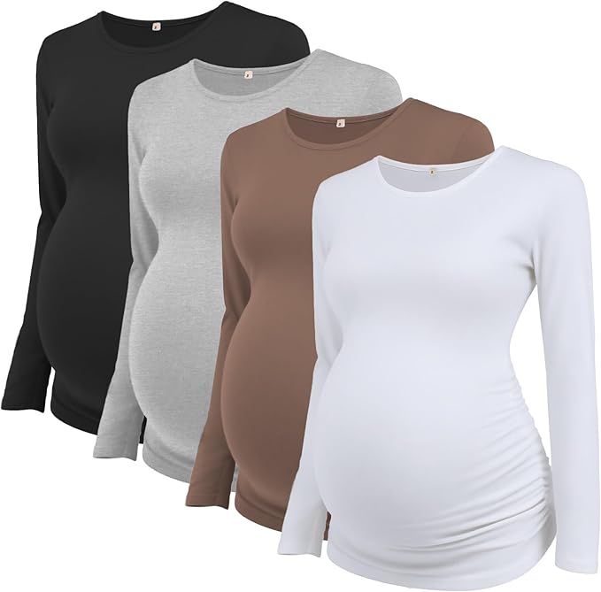 Ecavus Women's Maternity Shirts Long Sleeve Soft Stretchy Pregnancy Tops Side Ruched Casual Mama Clothes