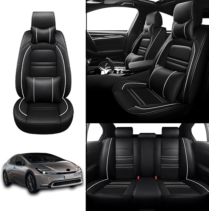 Car Seat Covers for Toyota Prius 2001-2025 | 5-Seats Seat Covers, Waterproof Seat Protectors, Automotive Seat Covers (Full Set with Pillow,Black&White Line)