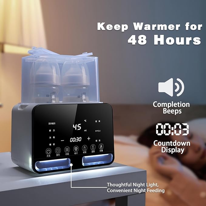 Double Bottle Warmer and Steri-lizer, 8-in-1 Fast Baby Milk Warmer with Timer for Breastmilk or Formula, Multifunctional Bottle Warmer with Food Heater Defro