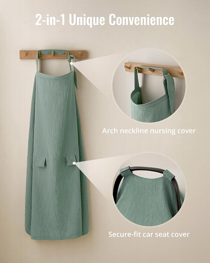 Blissful Diary 2-in-1 Muslin Baby Car Seat Cover, Multi-use Nursing Cover for Breastfeeding, Breathable Infant Car Seat Cover Canopy - Roman Green