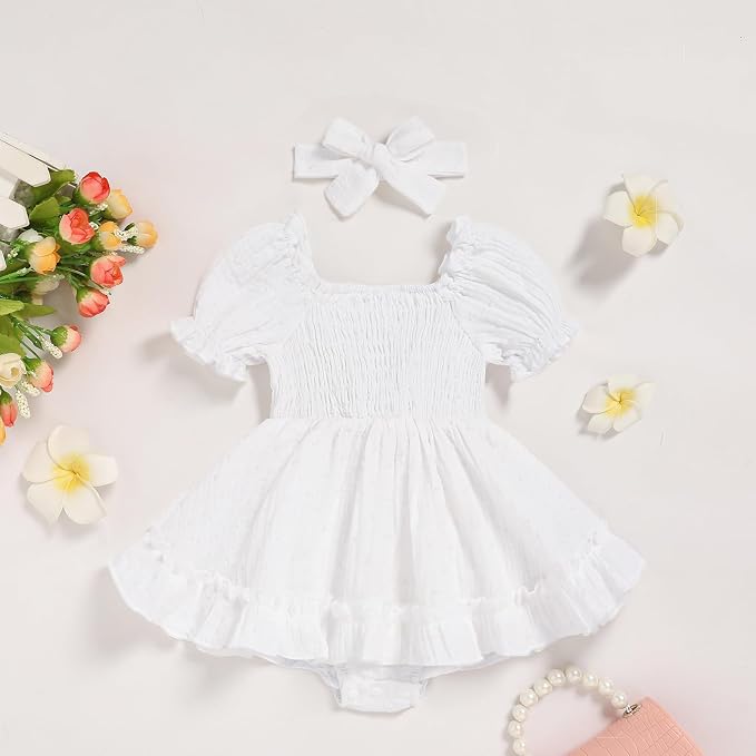 GRNSHTS Baby Girl Romper Dress, Puff Sleeve Smocked Outfit - Image 2