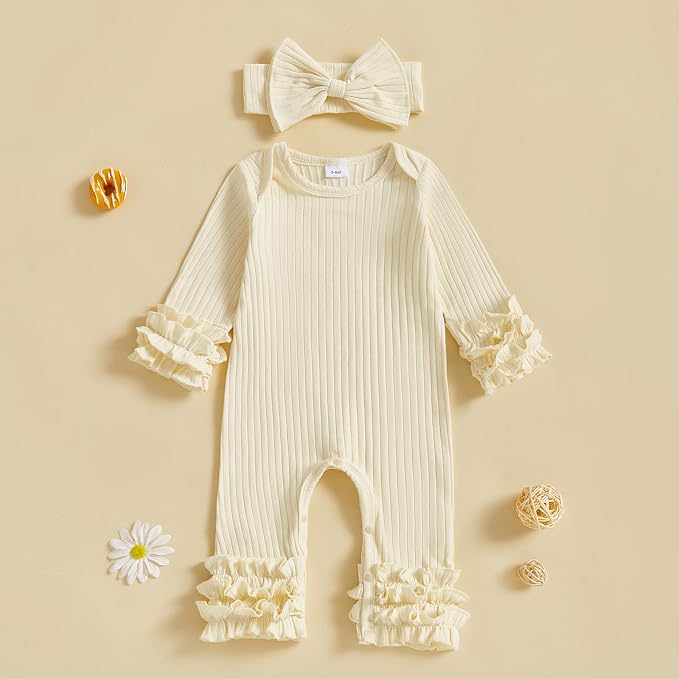 Newborn Baby Girl Clothes Jumpsuit Ruffle Romper Bodysuit Pants Headband - Image 2