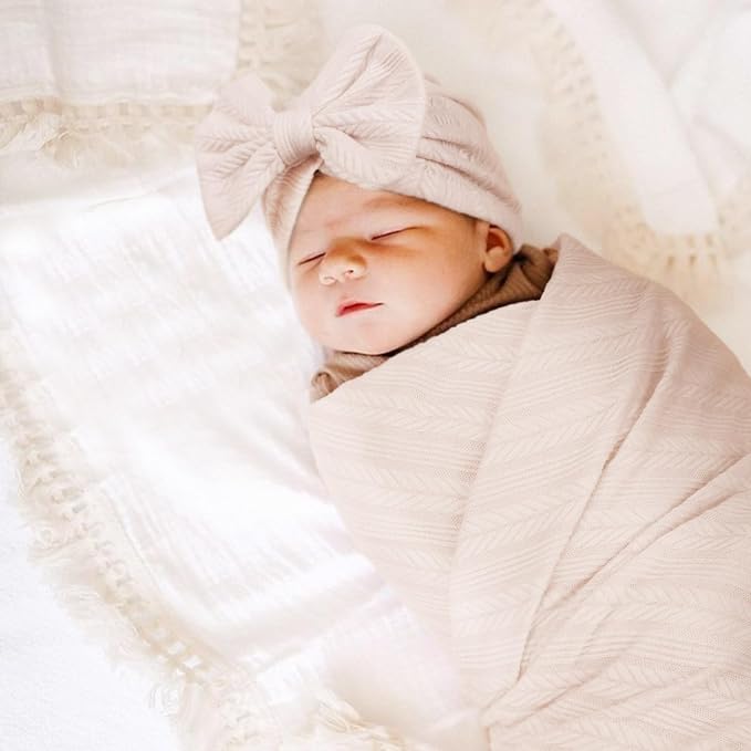 AQOKKA Newborn Receiving Blanket Wheat Ear Bow Hat Mitten Set | 4 Set Receiving - Image 6