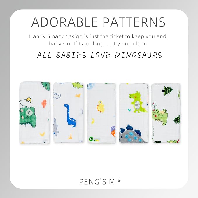 PENG'S M Baby Muslin Burp Cloths 5 Pack Dinosaur Burping Rags Super Soft Face - Image 2