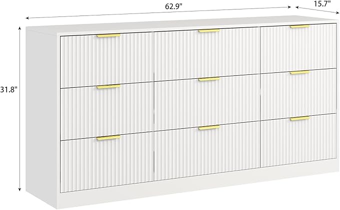9 Drawer Dresser for Bedroom with Deep Drawers, 63" Wide Wood Dresser, Large Floor Chest of Drawers, Modern Long TV Stand, Storage Cabinet Side Table, White