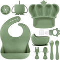 BXLL Olive Green 10 Pcs Baby Led Weaning Supplies - Silicone Baby Feeding Set with Suction Bowl, Divided Plate, Bibs, Fruit Feeder, Pacifier, Spoons, Forks, Sippy Cup & Snack Cup