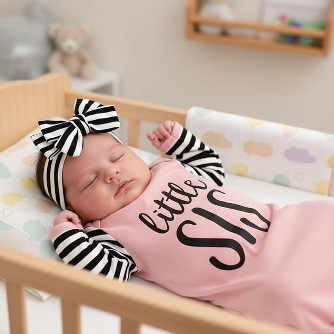 AMAWMW Newborn Baby Girl Little Sister Sleeper Gown Stripe Long Sleeve - Image 6