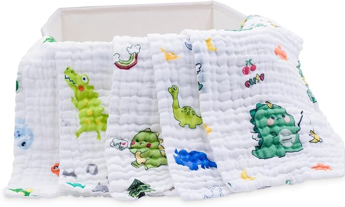PENG'S M Baby Muslin Burp Cloths 5 Pack Dinosaur Burping Rags Super Soft Face - Image 3