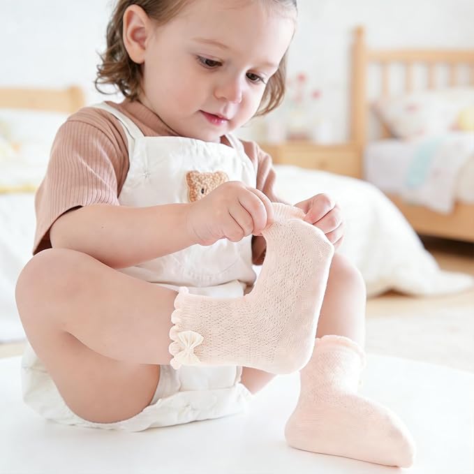 Baby Girls Socks with Bow Infant Breathable Mesh Ruffle Lace Sock - Image 3