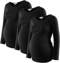 Bhome Women's Maternity Shirts 3 Packs Long Sleeve Pregnancy Tops Basic Side Ruched Tunic Blouse